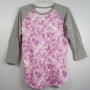 LuLaRoe  Purple Flower and Gray Sleeve Randy Top